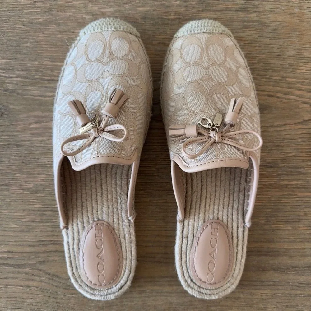 Coach Signature Espadrille Mules Slides Women's 9 Tan Beige Jacquard Tassel Bow
